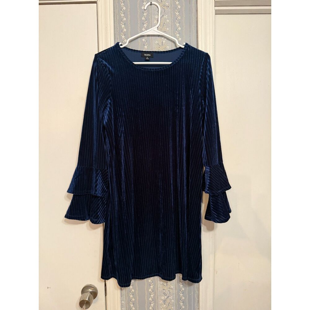 Tacera Navy Rib Velvet Bell Sleeve Dress, Small